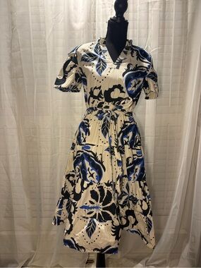 Women's Cream Midi Dress with Blue & Black Floral Print